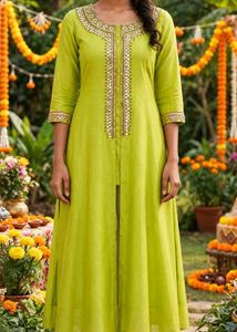 Lime Green Anarkali Kurta with Mirror Work