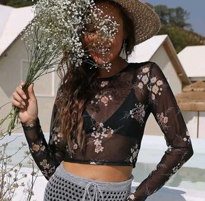 Sheer Floral Long Sleeve Crop Top