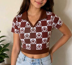 Brown Heart Ribbed Crop Polo