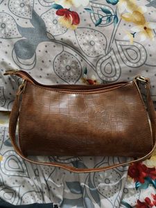 Brown Croc Embossed Shoulder Bag