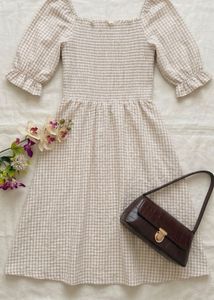 Gingham Smocked Square Neck Dress