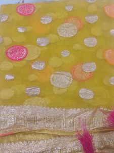 Yellow Net Saree with Polka Dots