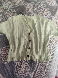 Light Green Button-Up Cropped Cardigan