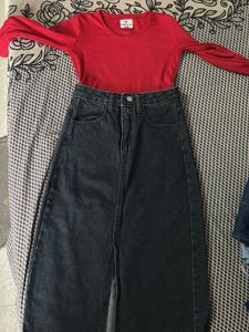 Stylish Denim Maxi Skirt & Red Top Set