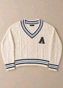 IVORY CABLE-KNIT VARSITY V-NECK SWEATER