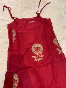Red Ethnic Kurti with Gold Print &amp; Tie-Up Straps