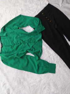 ❤️Chic Green Blouse &amp; Black Flare Pants Set❤️