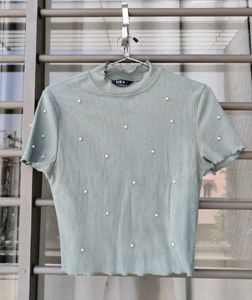 SHEIN Pearl Embellished Ribbed Top