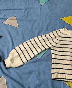 Striped Knit Sweater with Balloon Sleeves