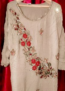 Khaki Hand Embroidery Kurti With Beige Sharara