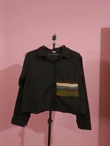 Black Cropped Button-Up Shirt with Patchwork Detai