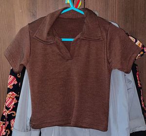 Brown Cropped Polo Top