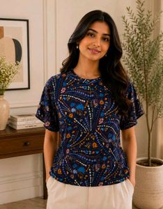 Navy Blue Printed Boho Top