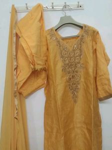 Yellow Embroidered Work Of Moti And Daman Wor