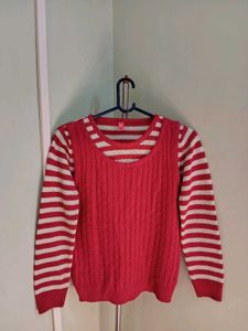 Pink Knit Sweater with White Stripes