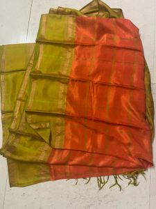 Semi Silk Orange Checked Saree