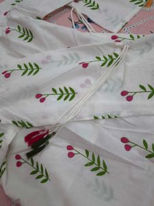 White Floral Print Kurta with Tassels