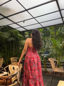 Red Floral Print Halter Neck Dress