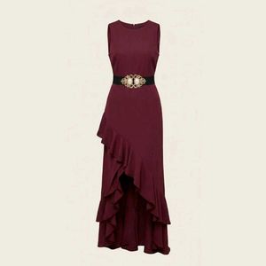 ✨ Burgundy Ruffle Maxi Dress"Belt Freebie"