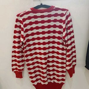 Red and White Striped V-Neck Knit Sweater