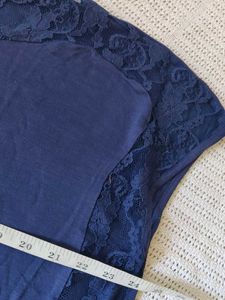 Navy Blue Lace Trim Tie-Front Top