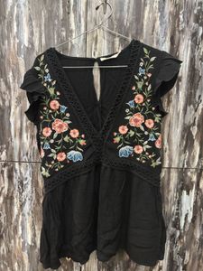 Black Embroidered Flutter Sleeve Top