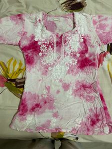 Pink Tie-Dye Kurta with White Embroidery