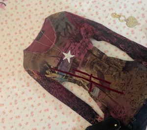 Y2K Graphic Print Mesh Top
