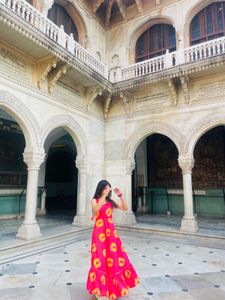 Vibrant Red Ethnic Gown with Yellow Motif