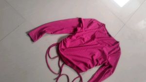 Vibrant Pink Ribbed Long Sleeve Crop Top