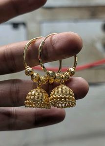 Elegant Gold Jhumka Hoop Earrings + Oxidised Both