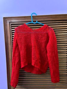 Chic Red Crochet Knit Sweater