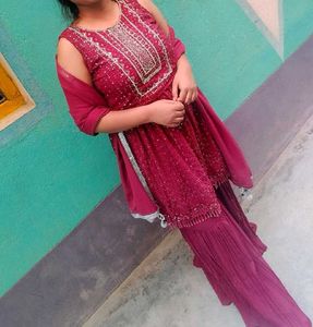 Maroon Embroidered Kurta with Sharara