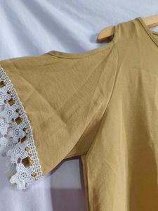 Korean Mustard Cold Shoulder Top with Lace