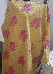 Yellow Kurta with Pink Lotus Print