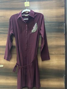 Maroon Shirt Dress with Embellishment