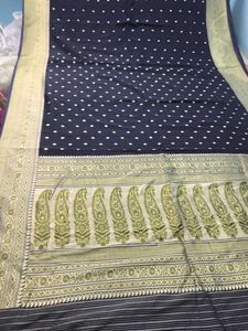 Elegant Navy Blue Saree with White Polka Dots