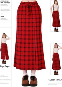 Red Plaid Maxi Skirt with Slit