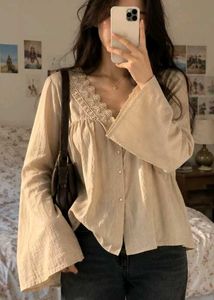 ⊹♡ Beige Lace-Collar Button-Up Blouse 🤎🌷