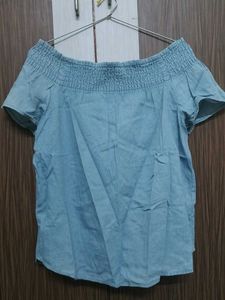 Blue Off-Shoulder Smocked Solid Top