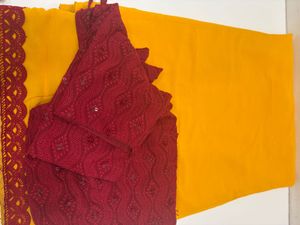 Maroon Embroidered Blouse with Yellow Saree