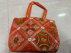 Vibrant Orange Zari &amp; Sequin Embroidered Ethnic Ha