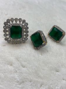 Emerald &amp; Diamond Studs &amp; Ring Set