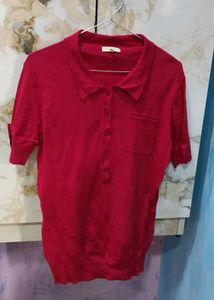 Red Button-Up Casual T-Shirt