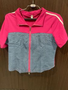 Colorblock Denim & Pink Zip-Up Top