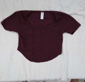 Burgundy Ribbed Corset Crop Top