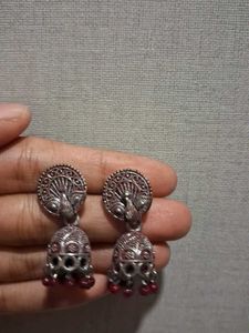 Oxidised Silver Peacock Jhumka Earrings