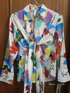 Colorful Abstract Print Tie-Front/Back Shirt