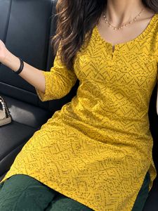 XL - Yellow Printed Kurta with Green Pants