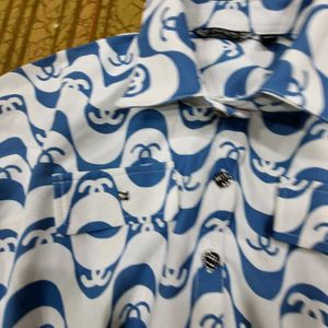 Blue &amp; White Wave Print Cropped Shirt